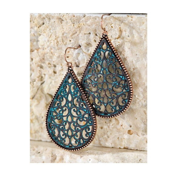 Boutique Two Tone Metallic Patina Rose Gold Filigree Teardrop Dangle Earrings - Picture 1 of 3